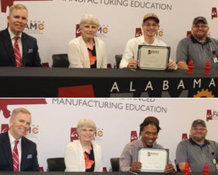 Pictured L-R, top: Alan Smith (Dean of Workforce Development), Dr. Kathy L. Murphy (President of Gadsden State Community College), Michael Carney (Student) and John Brueshaber (Anniston Group, Facilities Maintenance Manager) Pictured L-R, bottom: Alan Smith (Dean of Workforce Development), Dr. Kathy L. Murphy (President of Gadsden State Community College), Devon Miller (Student) and John Brueshaber (Anniston Group, Facilities Maintenance Manager)