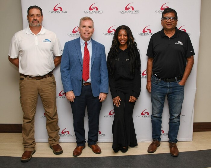 Pictured L-R - David Bannister, Tyler Union Maintenance Manager; Dean Alan Smith, Gadsden State Community College Dean of Workforce Development; Destiny Ball, Tyler Union Electrical Technology 2022/2023 Scholarship Recipient; Maulesh Patel, Tyler Union Assistant General Manager
